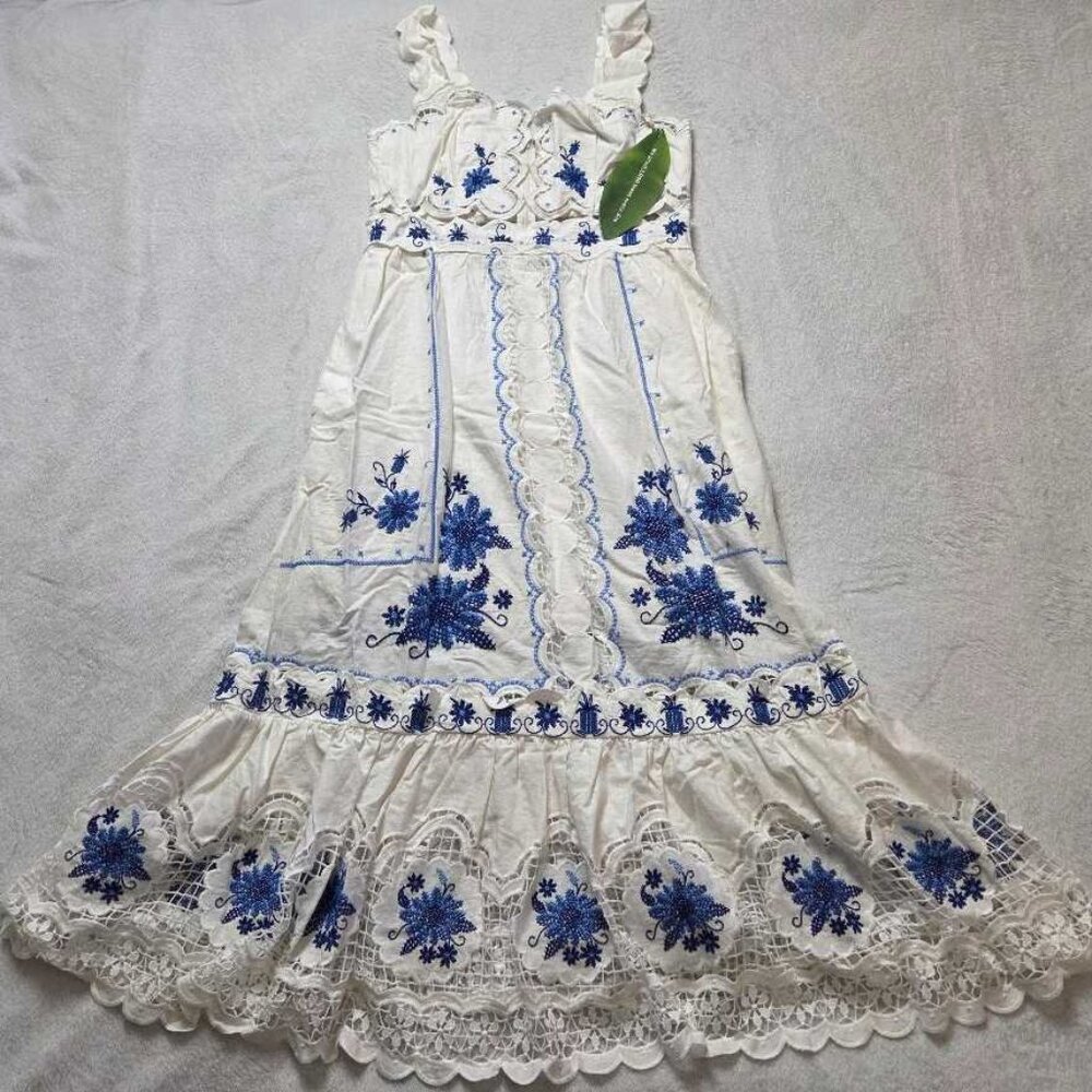 New L Farm Rio x Anthropologie cross-stitch Richelieu linen-blend dress white - Picture 3 of 12